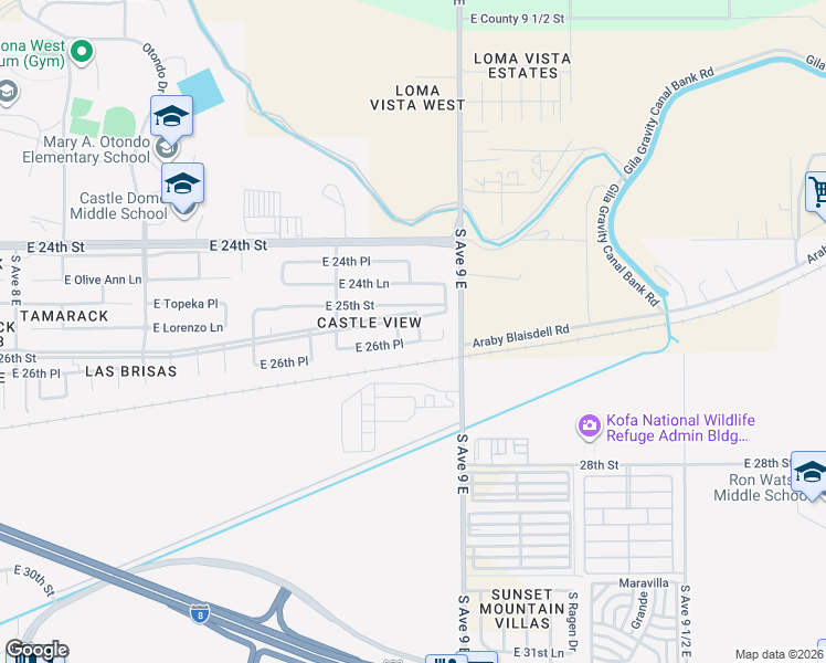 map of restaurants, bars, coffee shops, grocery stores, and more near 2628 South Betsy Avenue in Yuma