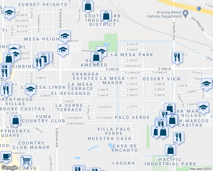 map of restaurants, bars, coffee shops, grocery stores, and more near 923 East 25th Street in Yuma