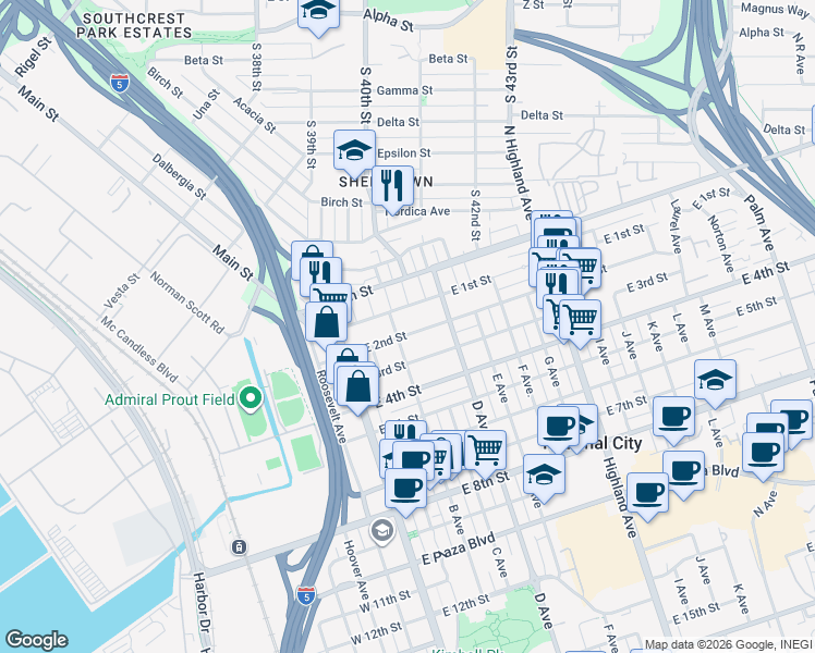 map of restaurants, bars, coffee shops, grocery stores, and more near 221 East 2nd Street in National City