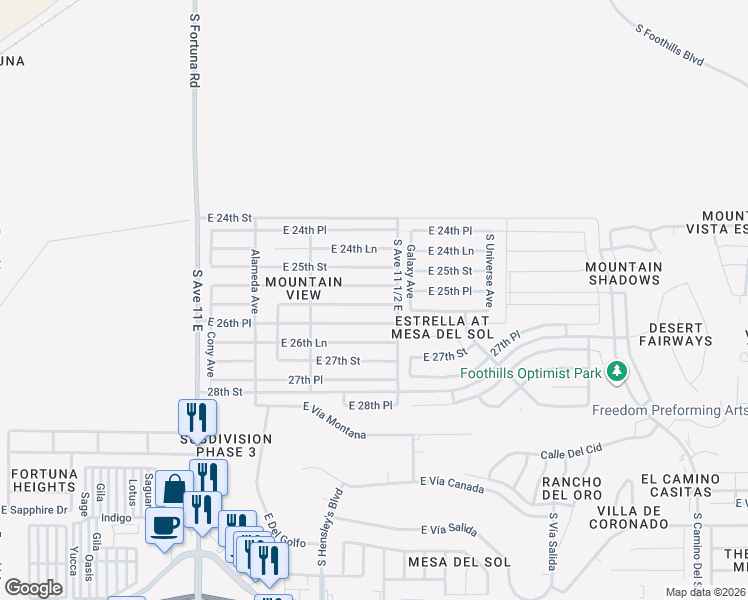 map of restaurants, bars, coffee shops, grocery stores, and more near 11446 East 26th Street in Yuma