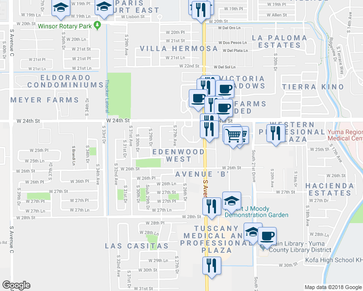 map of restaurants, bars, coffee shops, grocery stores, and more near 2610 West 25th Street in Yuma