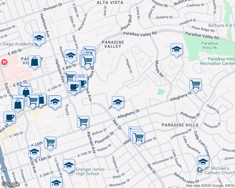 map of restaurants, bars, coffee shops, grocery stores, and more near 1905 Ridgewood Drive in San Diego