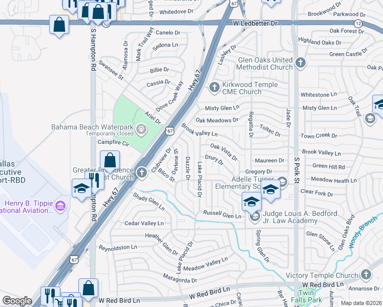 map of restaurants, bars, coffee shops, grocery stores, and more near 5206 Dazzle Drive in Dallas