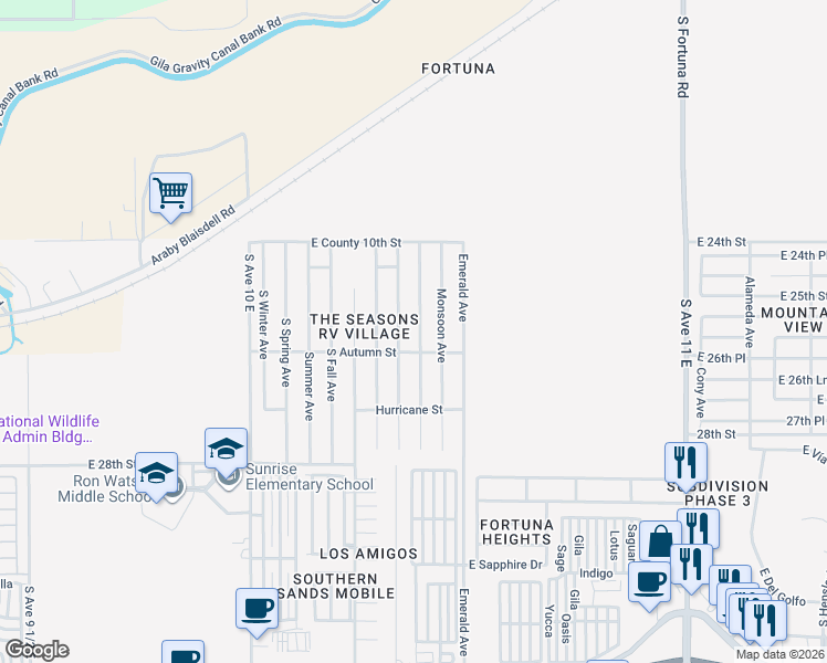 map of restaurants, bars, coffee shops, grocery stores, and more near 10266 South Tornado Avenue in Yuma