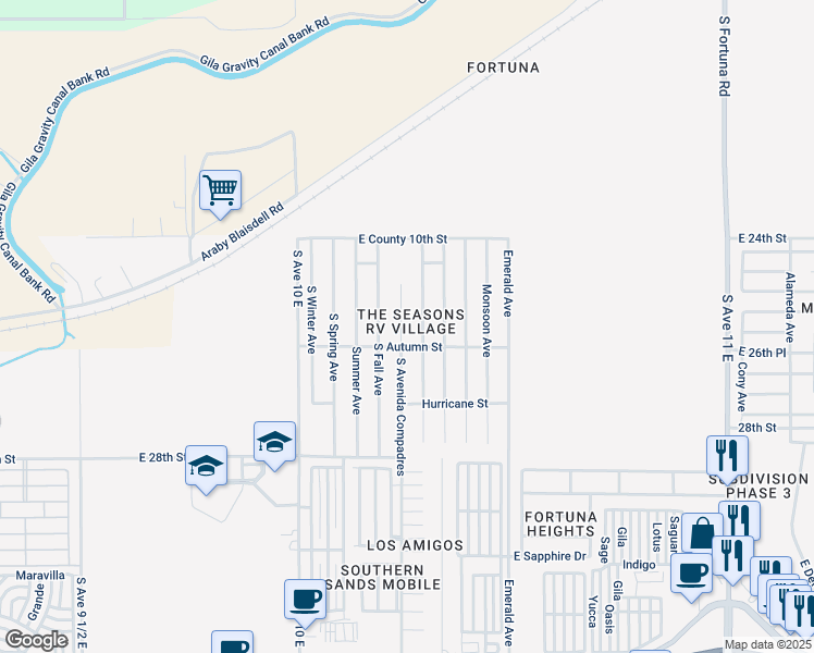 map of restaurants, bars, coffee shops, grocery stores, and more near 10263 South Fall Avenue in Yuma