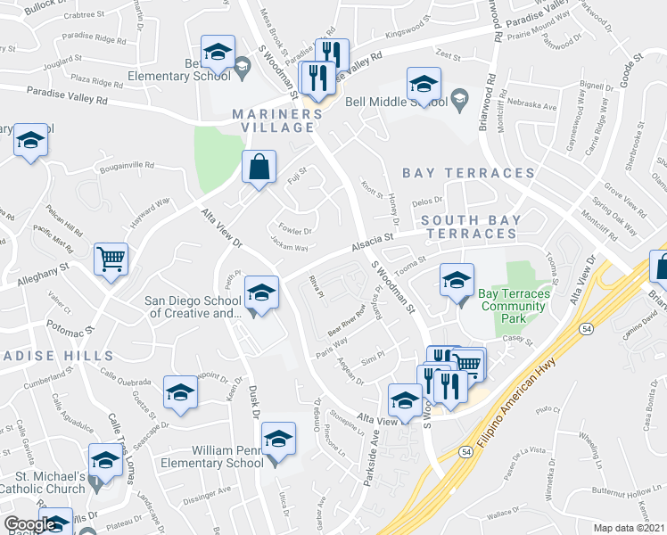 map of restaurants, bars, coffee shops, grocery stores, and more near 6816 Panamint Row in San Diego