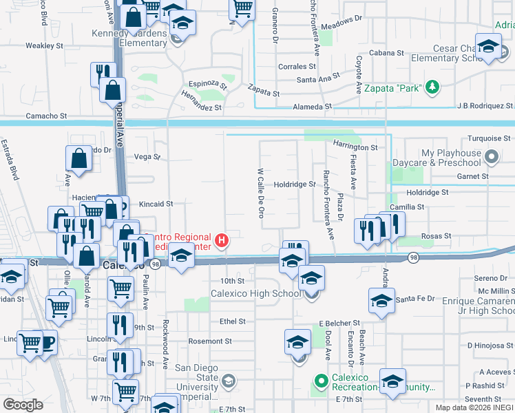 map of restaurants, bars, coffee shops, grocery stores, and more near 1213 West Calle De Oro in Calexico