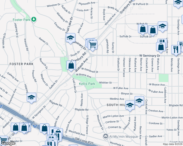 map of restaurants, bars, coffee shops, grocery stores, and more near 3559 W Gambrell St in Fort Worth