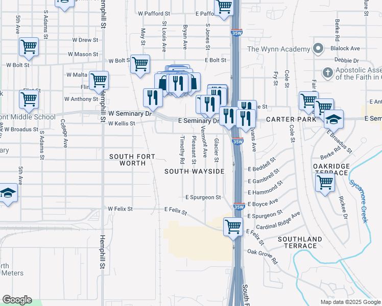 map of restaurants, bars, coffee shops, grocery stores, and more near 4458 Pleasant Street in Fort Worth