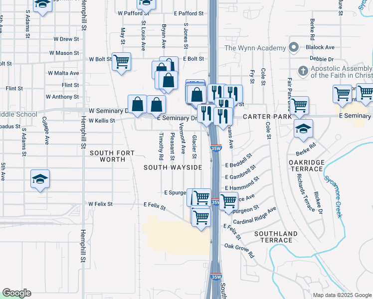 map of restaurants, bars, coffee shops, grocery stores, and more near 4459 Vermont Avenue in Fort Worth