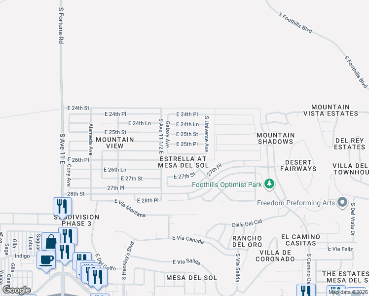 map of restaurants, bars, coffee shops, grocery stores, and more near 11591 East 25th Place in Yuma
