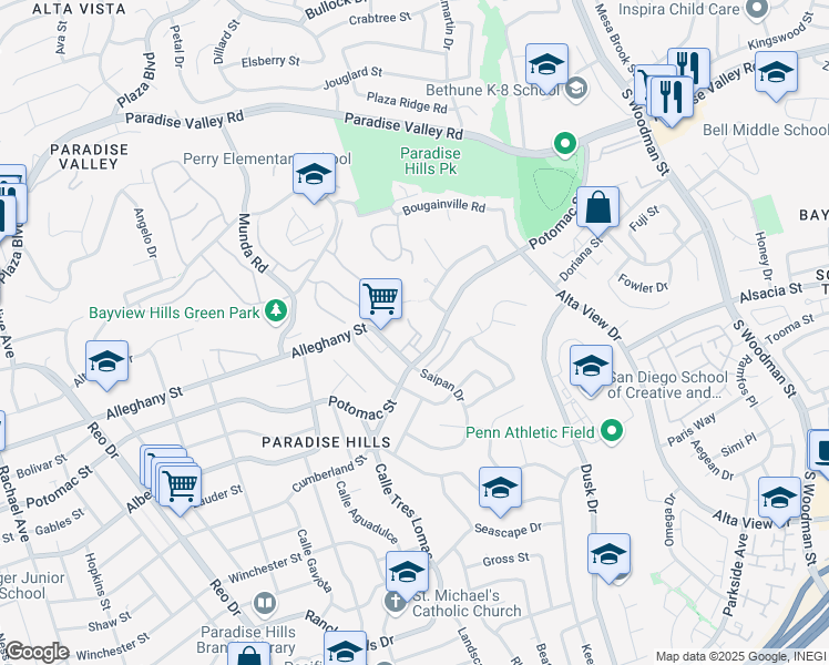 map of restaurants, bars, coffee shops, grocery stores, and more near 6332 Potomac Street in San Diego