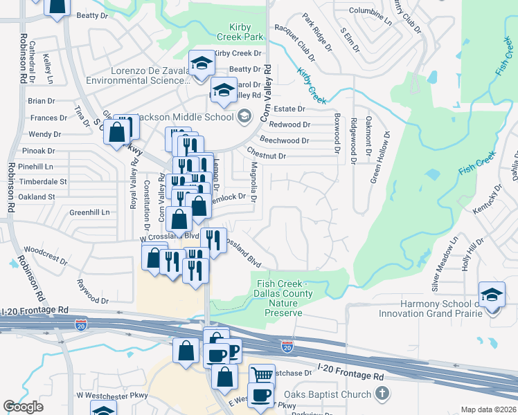 map of restaurants, bars, coffee shops, grocery stores, and more near 3745 Magnolia Drive in Grand Prairie