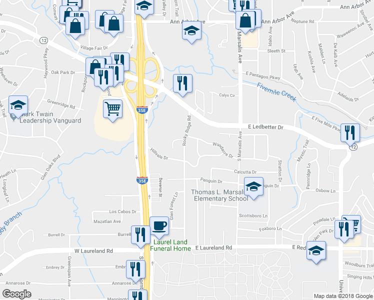 map of restaurants, bars, coffee shops, grocery stores, and more near 5206 Rocky Ridge Road in Dallas