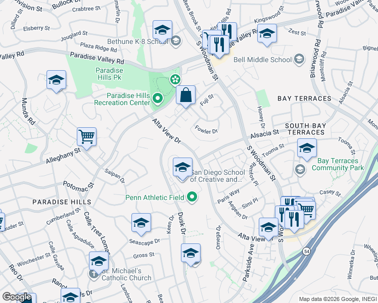 map of restaurants, bars, coffee shops, grocery stores, and more near 2270 Alta View Drive in San Diego
