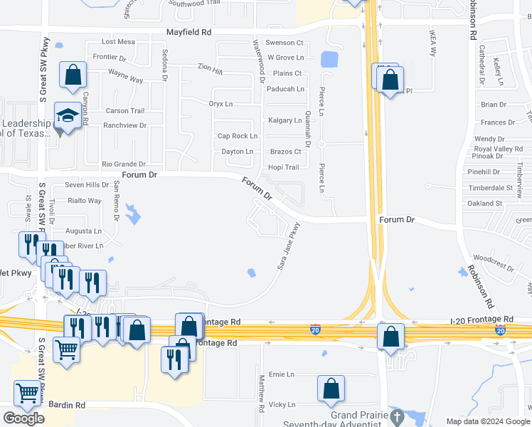 map of restaurants, bars, coffee shops, grocery stores, and more near 2045 Forum Drive in Grand Prairie