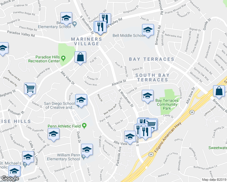 map of restaurants, bars, coffee shops, grocery stores, and more near 6860 Panamint Row in San Diego
