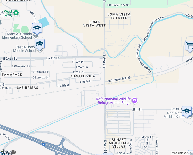map of restaurants, bars, coffee shops, grocery stores, and more near 2628 South Betsy Avenue in Yuma