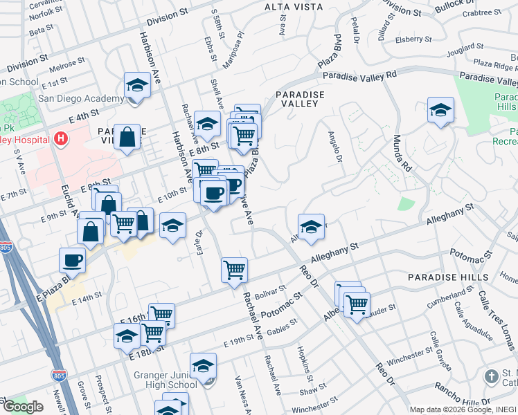 map of restaurants, bars, coffee shops, grocery stores, and more near 5726 Plumas Street in San Diego