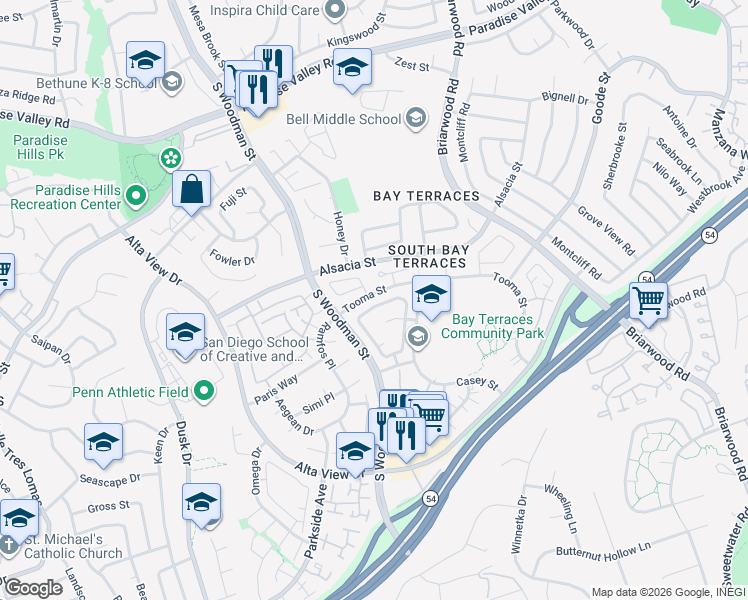 map of restaurants, bars, coffee shops, grocery stores, and more near 6986 Pembridge Lane in San Diego