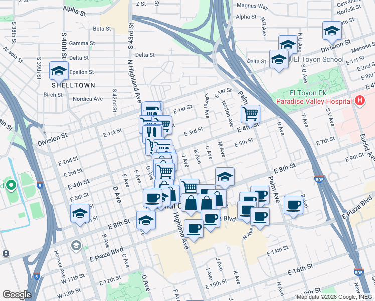 map of restaurants, bars, coffee shops, grocery stores, and more near 1014 East 4th Street in National City