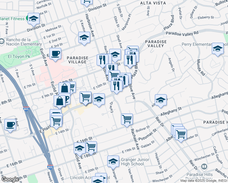 map of restaurants, bars, coffee shops, grocery stores, and more near 1139 South Harbison Avenue in National City