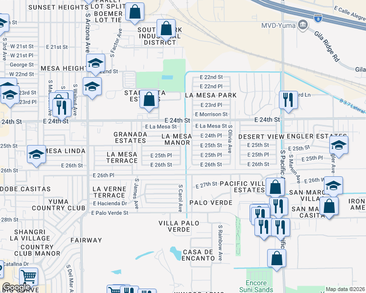 map of restaurants, bars, coffee shops, grocery stores, and more near 2501 South Carol Avenue in Yuma