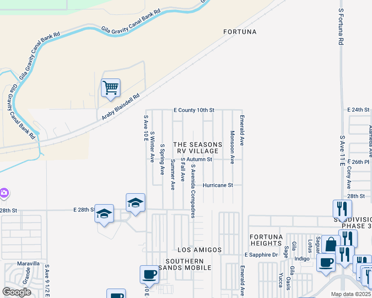 map of restaurants, bars, coffee shops, grocery stores, and more near 10263 South Fall Avenue in Yuma