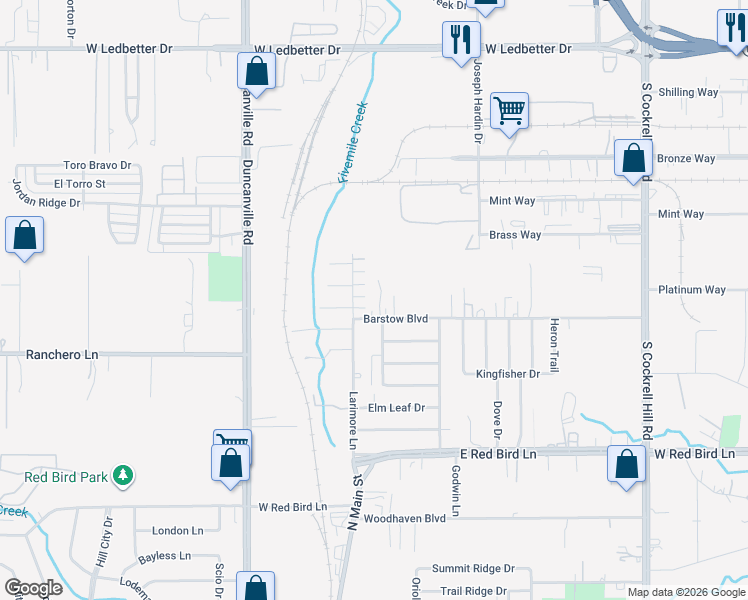 map of restaurants, bars, coffee shops, grocery stores, and more near 4755 Barstow Boulevard in Dallas