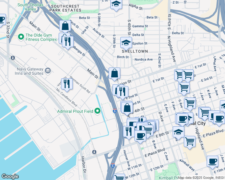 map of restaurants, bars, coffee shops, grocery stores, and more near 2 National City Boulevard in National City