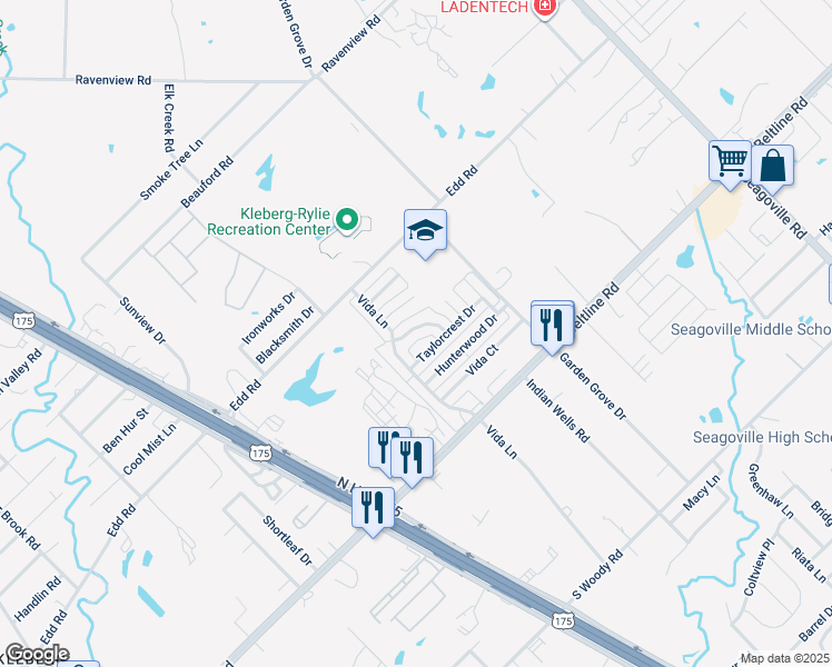 map of restaurants, bars, coffee shops, grocery stores, and more near 1628 Cedar Bluff Lane in Dallas