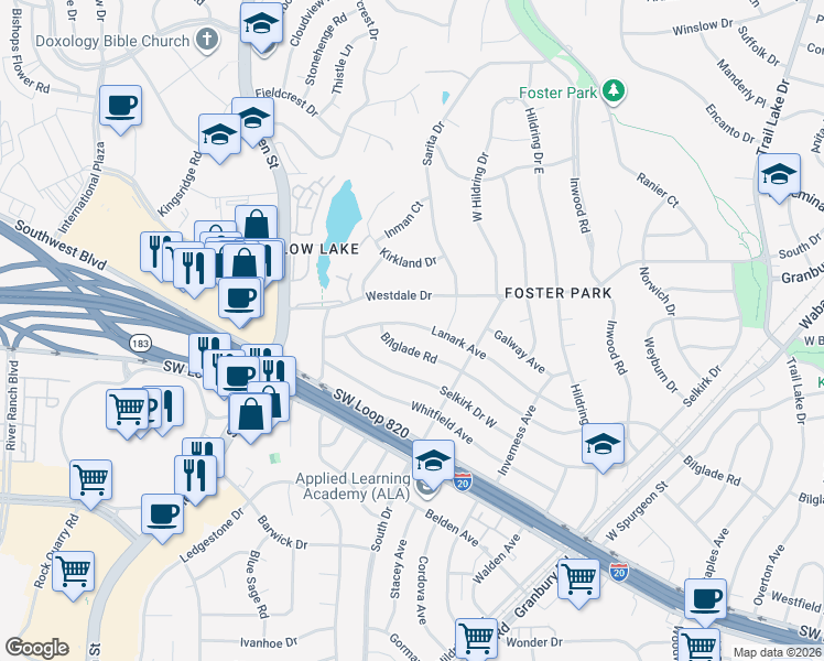 map of restaurants, bars, coffee shops, grocery stores, and more near 4329 Lanark Avenue in Fort Worth