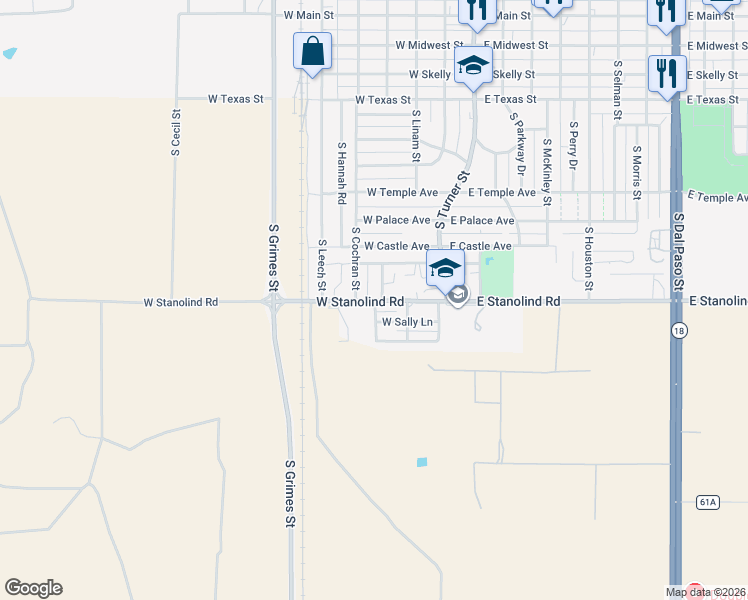 map of restaurants, bars, coffee shops, grocery stores, and more near 201-339 West Stanolind Road in Hobbs