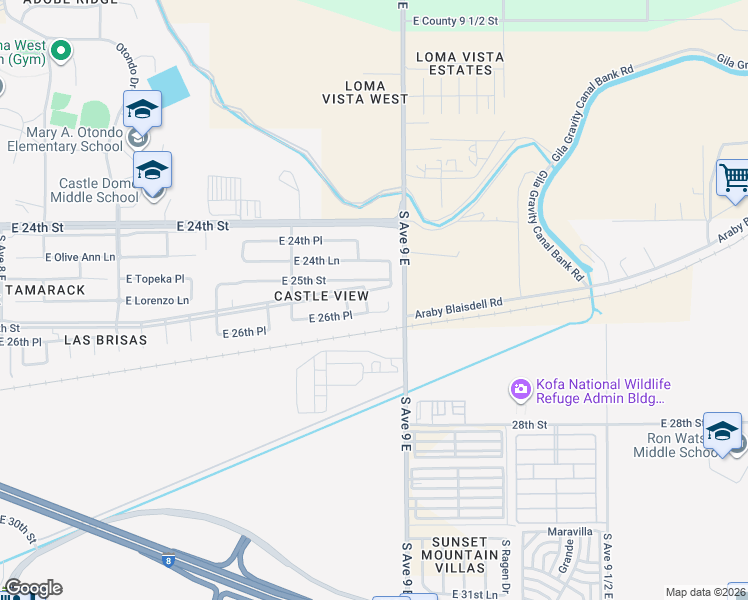 map of restaurants, bars, coffee shops, grocery stores, and more near 2628 South Betsy Avenue in Yuma
