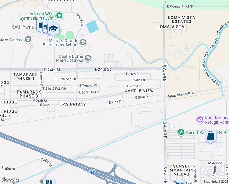map of restaurants, bars, coffee shops, grocery stores, and more near 8574 East 26th Street in Yuma