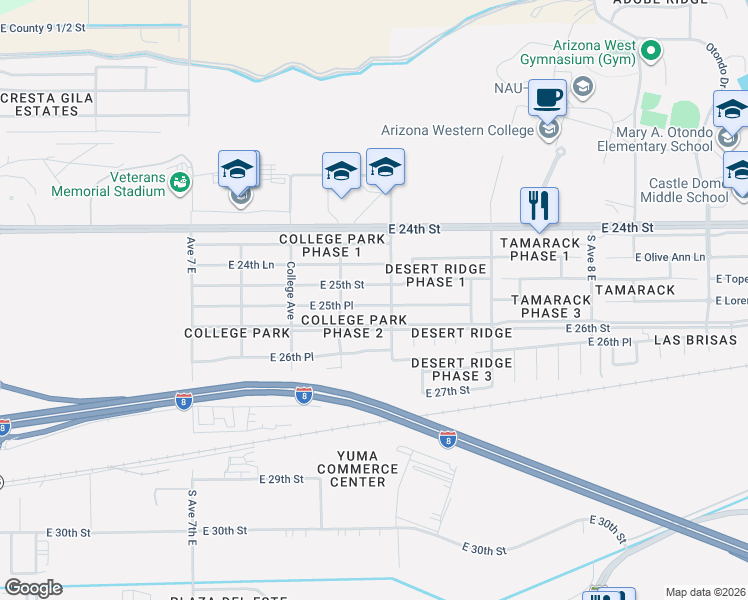 map of restaurants, bars, coffee shops, grocery stores, and more near 7448 East 25th Place in Yuma