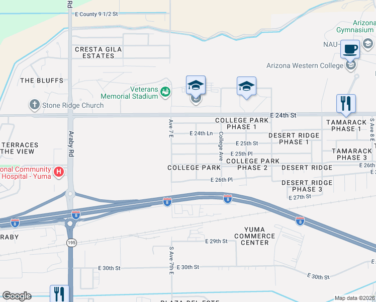 map of restaurants, bars, coffee shops, grocery stores, and more near 7172 East 25th Place in Yuma