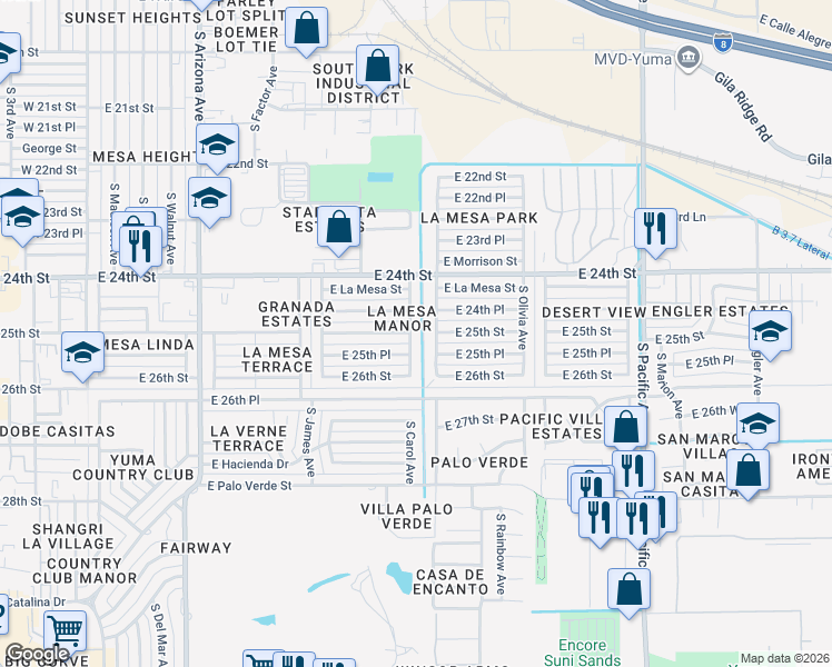 map of restaurants, bars, coffee shops, grocery stores, and more near 2501 South Carol Avenue in Yuma