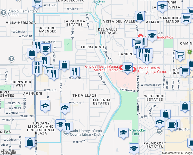 map of restaurants, bars, coffee shops, grocery stores, and more near 1760 West 25th Street in Yuma