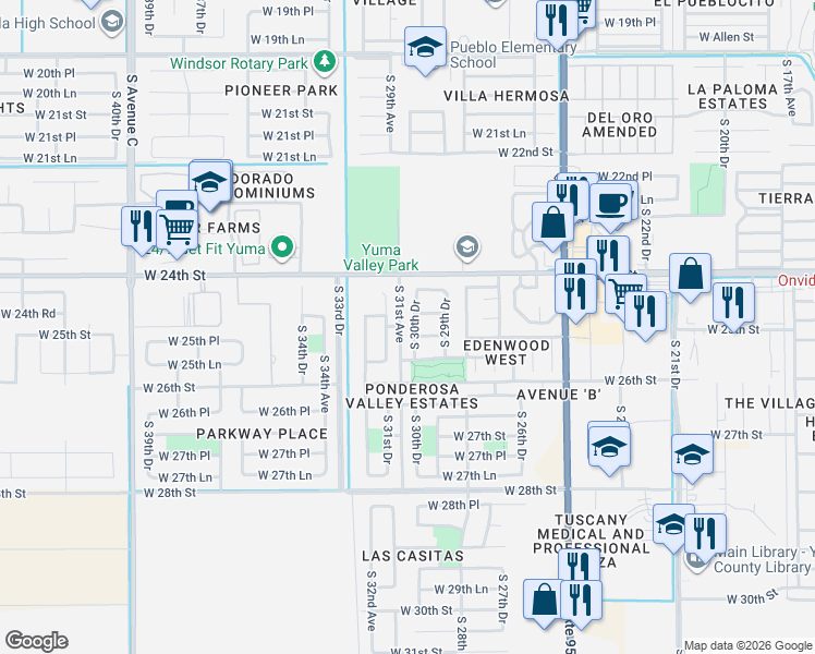 map of restaurants, bars, coffee shops, grocery stores, and more near 2515 South 31st Drive in Yuma
