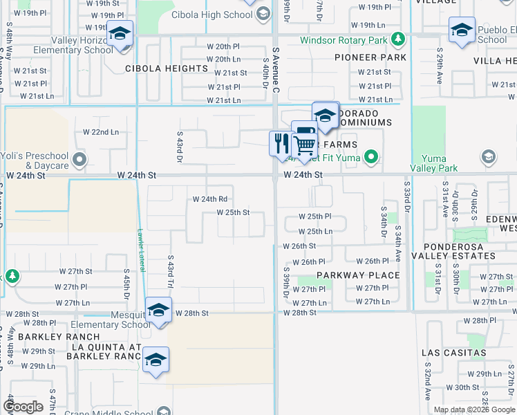 map of restaurants, bars, coffee shops, grocery stores, and more near 4086 West 25th Street in Yuma