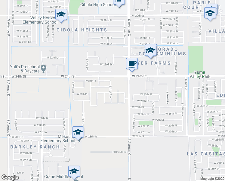 map of restaurants, bars, coffee shops, grocery stores, and more near 4184 West 25th Street in Yuma