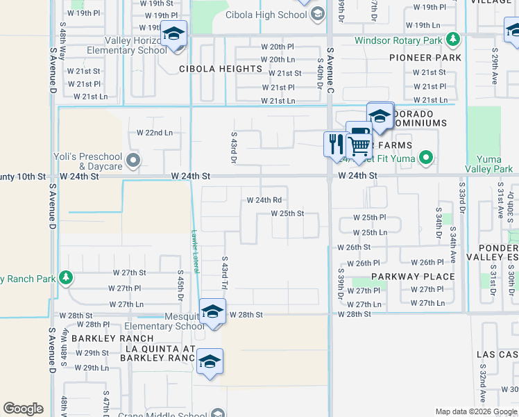 map of restaurants, bars, coffee shops, grocery stores, and more near 4256 West 25th Street in Yuma