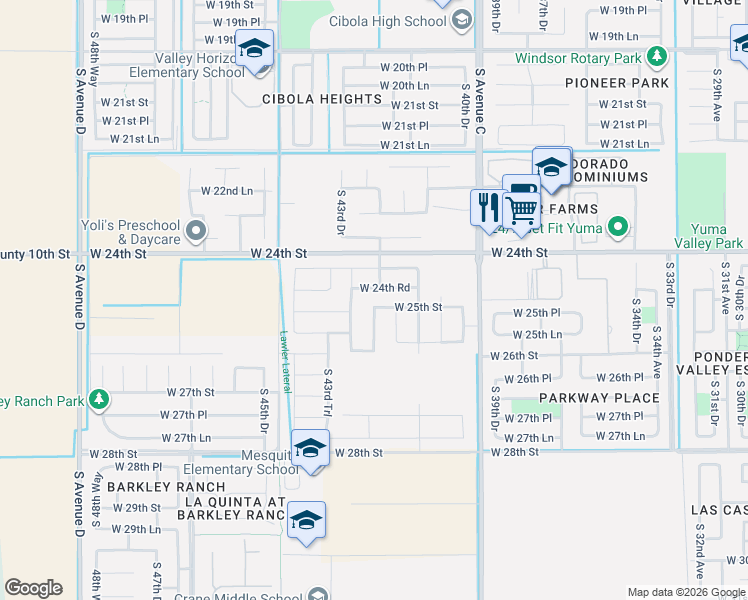 map of restaurants, bars, coffee shops, grocery stores, and more near 4256 West 25th Street in Yuma