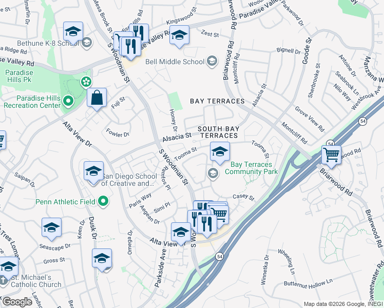 map of restaurants, bars, coffee shops, grocery stores, and more near 6986 Pembridge Lane in San Diego