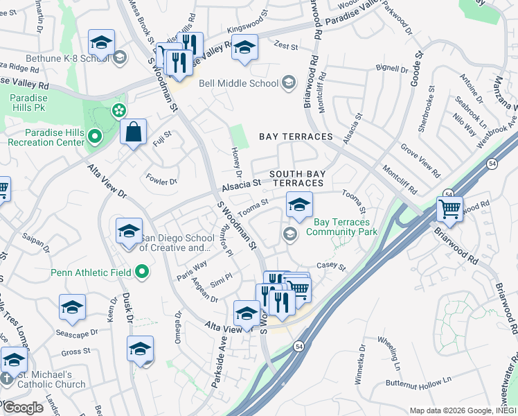 map of restaurants, bars, coffee shops, grocery stores, and more near 6986 Pembridge Lane in San Diego