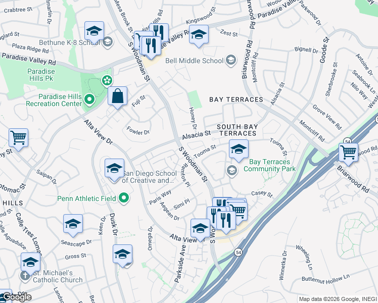 map of restaurants, bars, coffee shops, grocery stores, and more near in San Diego