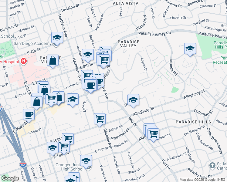 map of restaurants, bars, coffee shops, grocery stores, and more near 5726 Plumas Street in San Diego