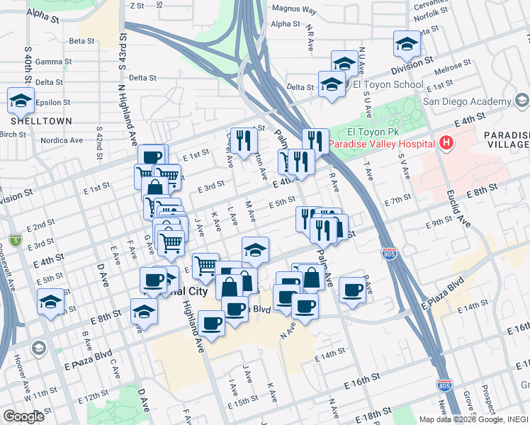map of restaurants, bars, coffee shops, grocery stores, and more near 505 M Avenue in National City
