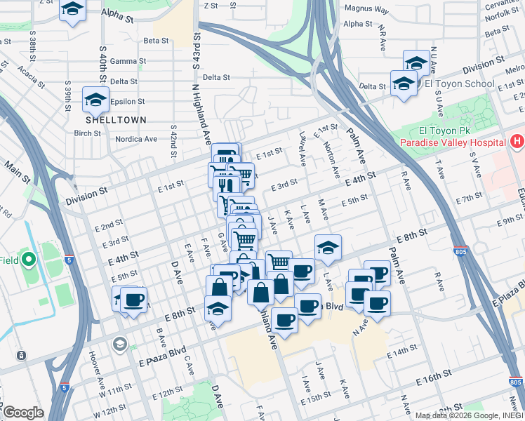 map of restaurants, bars, coffee shops, grocery stores, and more near 835 East 4th Street in National City